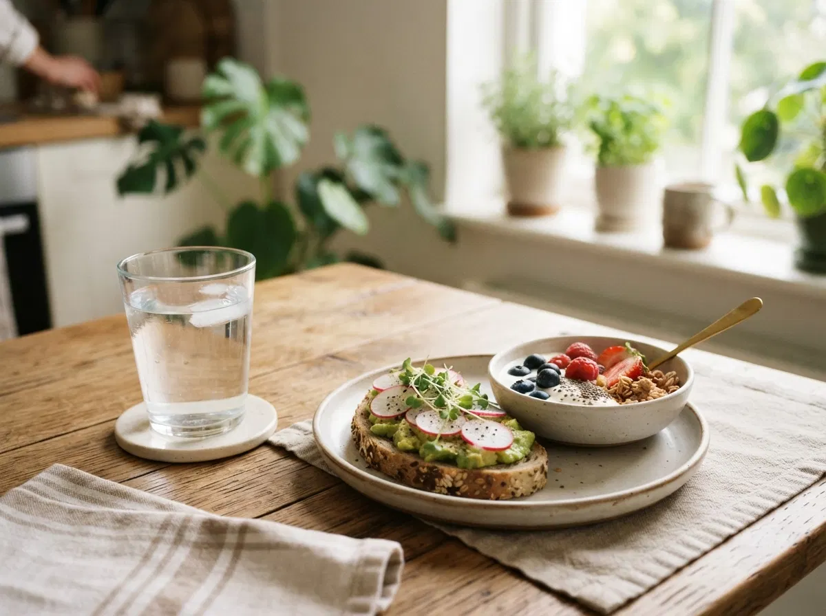 Aamupöytä kahvikupilla ja vesilasilla